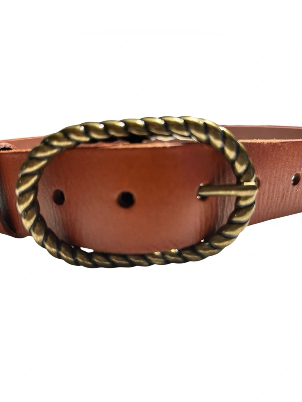 Anthropologie Twisted Rope Oval Leather Belt Cognac Brass Buckle Size S